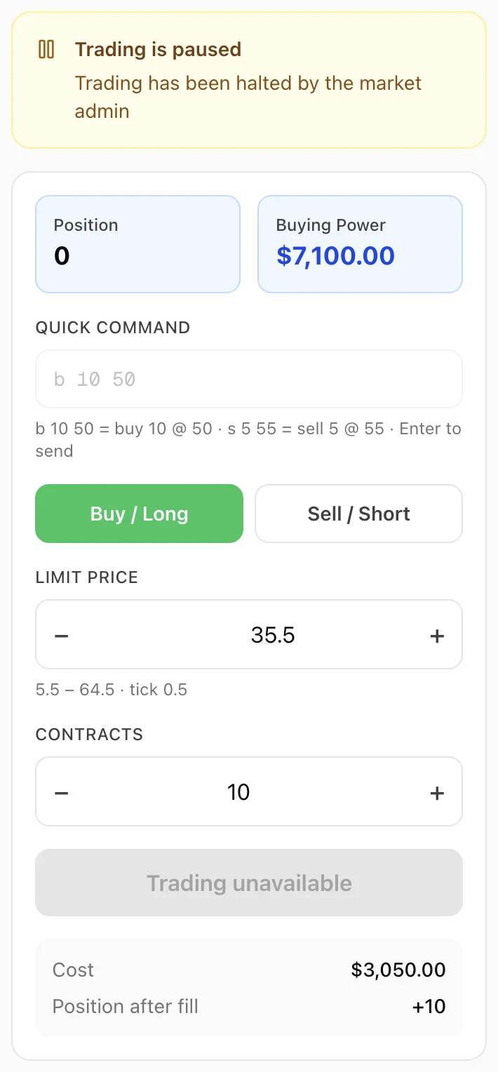 The trade panel as a player sees it while trading is halted, with a trading paused notice above the disabled controls