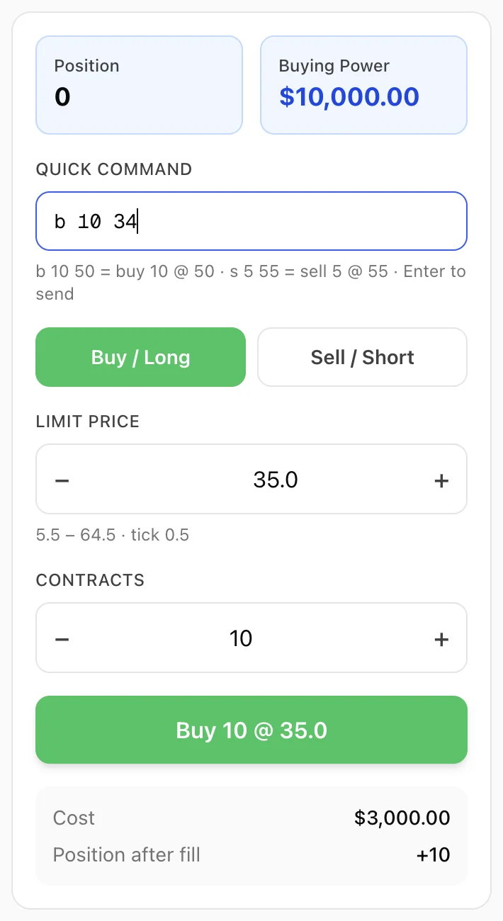 Animation of the trade panel: b 10 34 typed into the quick command box, then sent, with buying power dropping from $10,000 to $7,100 and the form showing Buy 10 at 34.0