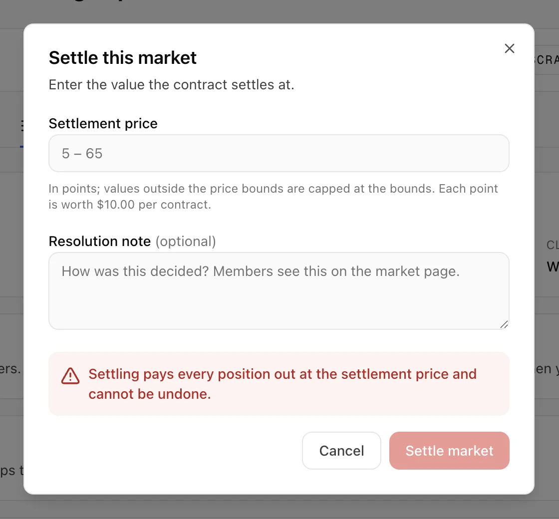 Animation of the settle dialog: typing 42 as the settlement price and a note listing the five cards, then the red Settle market button