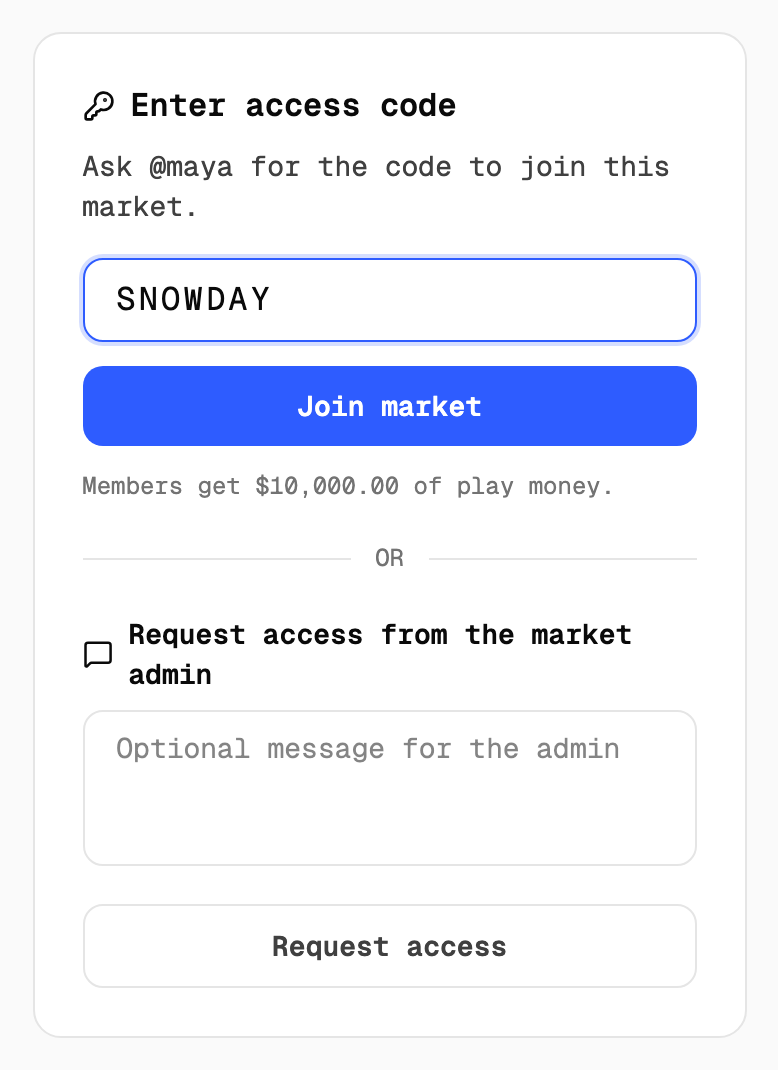The access code box on the market page with SNOWDAY typed in