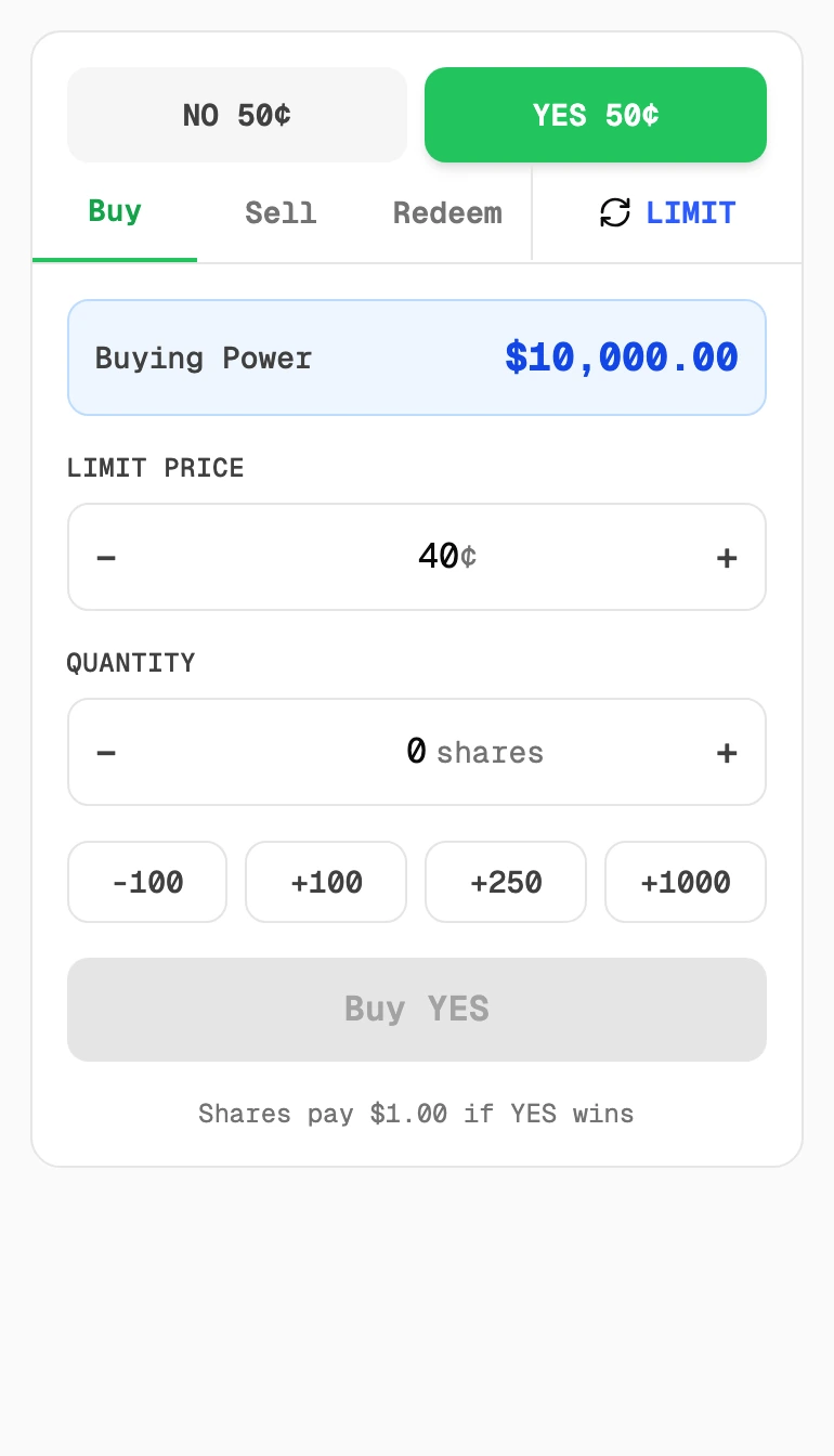 Animation of a limit order being set up: quantity 1,000 at 40 cents, showing a total cost of 400 dollars, then placed