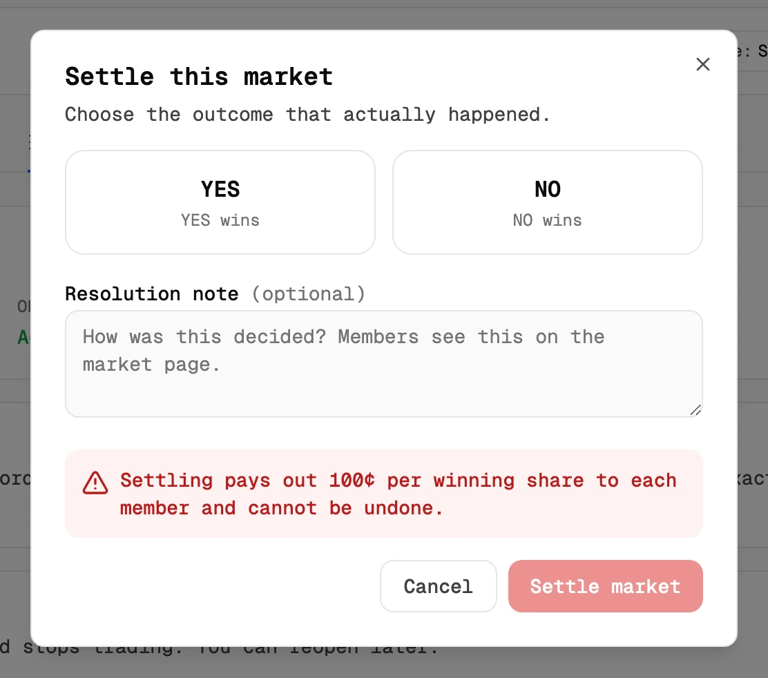 Animation of the settle dialog: choosing the YES outcome, which turns the Settle market button red, then typing a resolution note