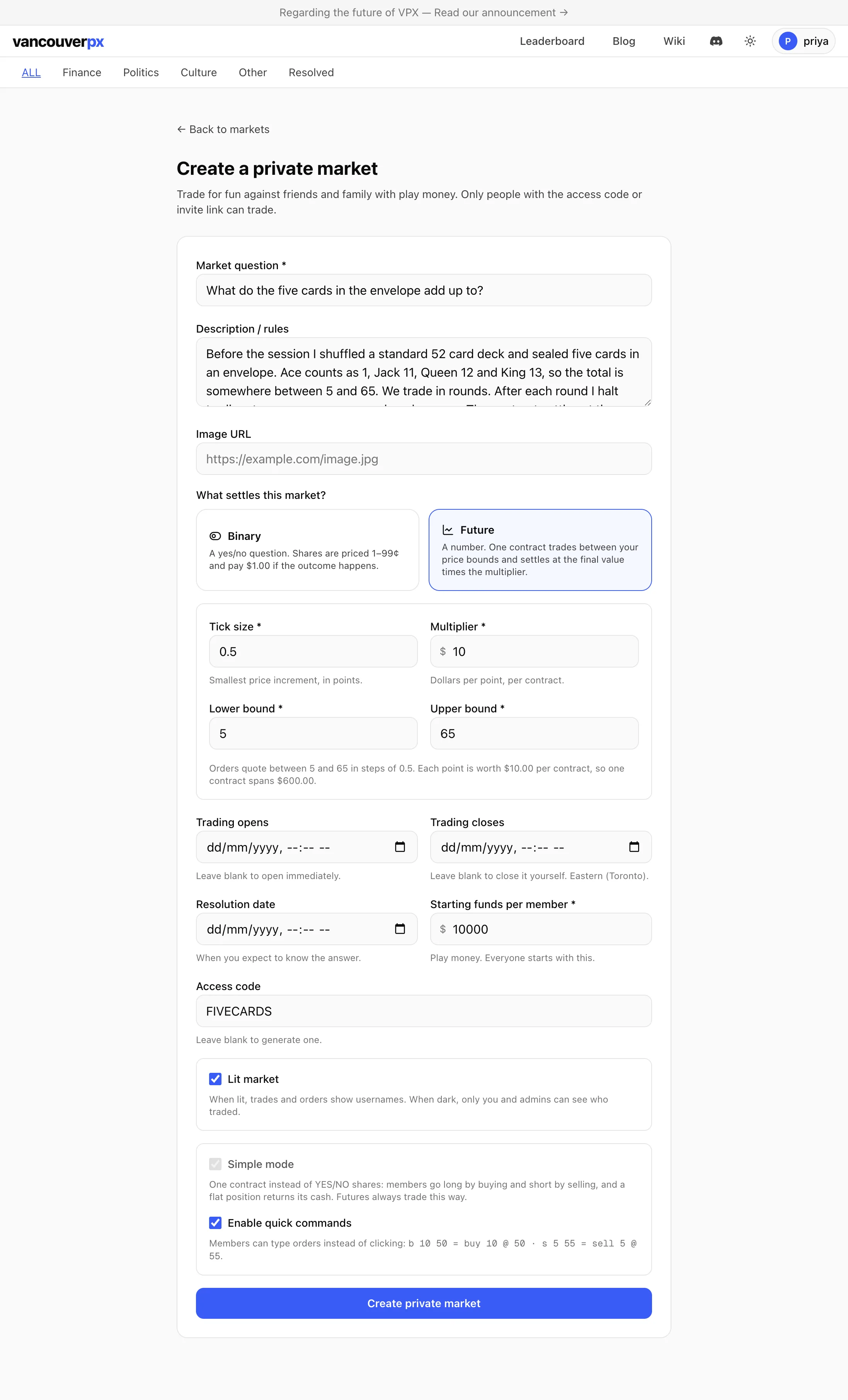 The create a private market form filled in for the five cards question with the Future settlement type, a 0.5 tick, a $10 multiplier and bounds of 5 to 65