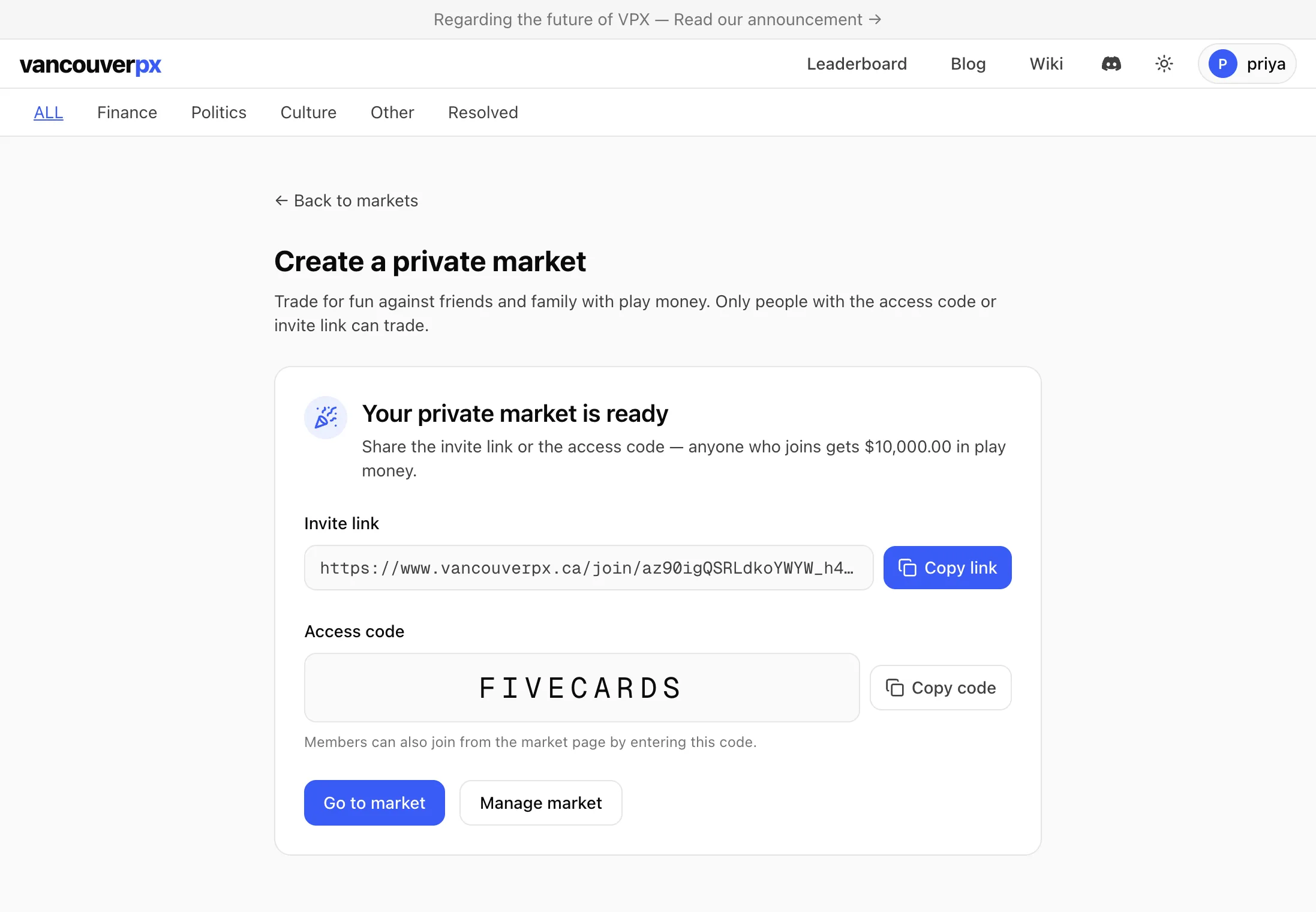 The confirmation page with the invite link and the FIVECARDS access code