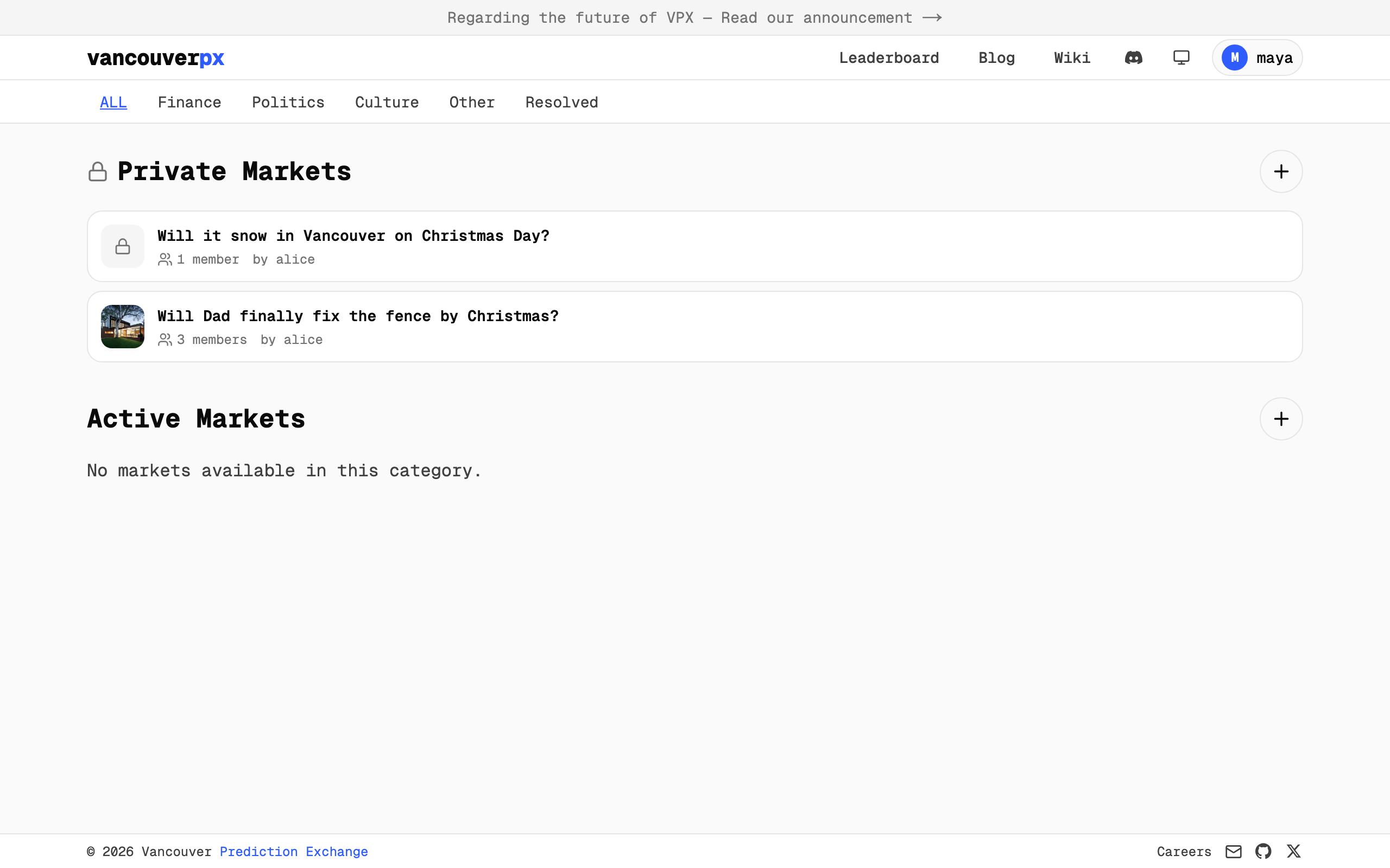 The VPX home page with the Private Markets section and its plus button