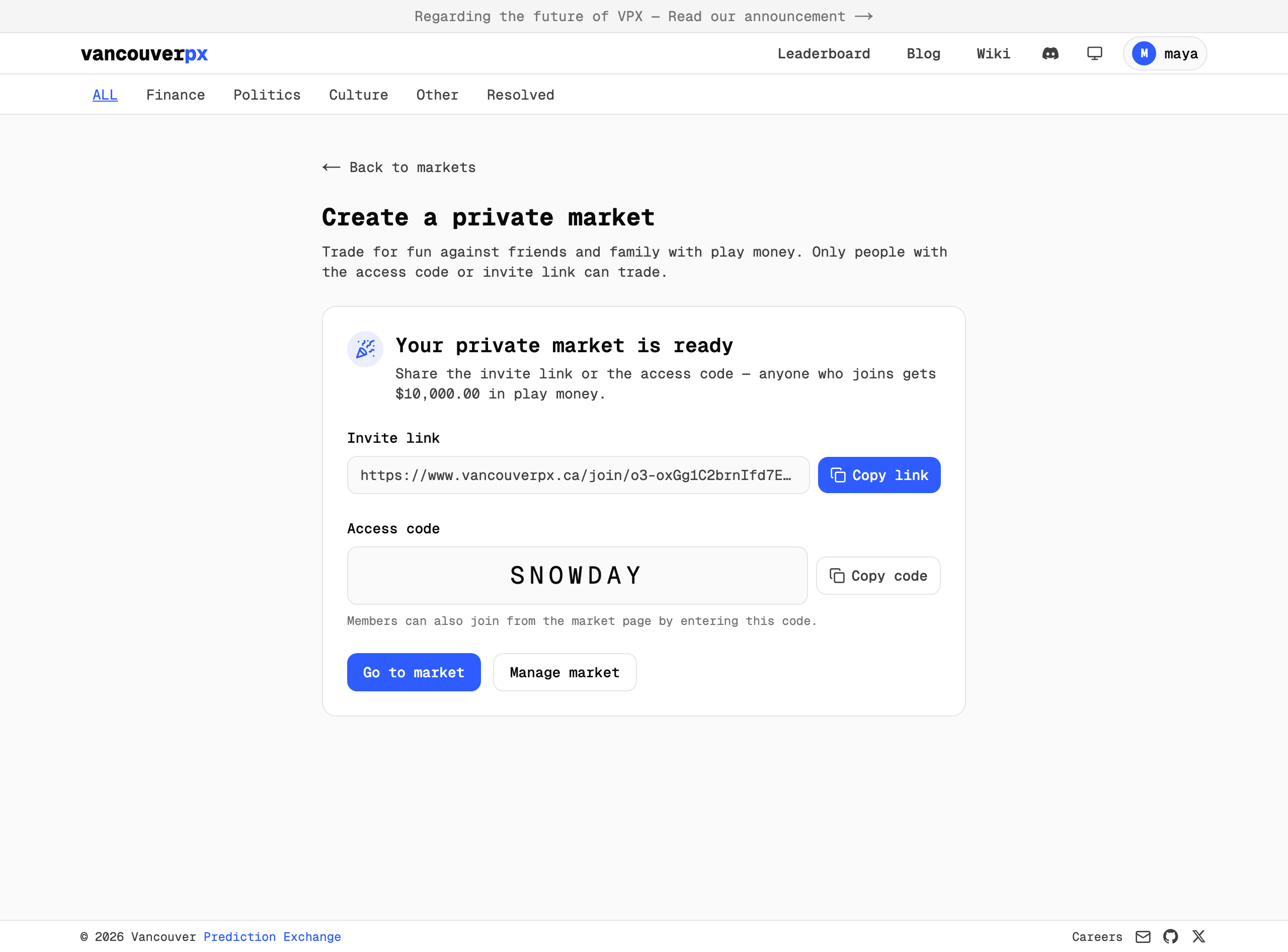 The confirmation page showing the invite link and the SNOWDAY access code