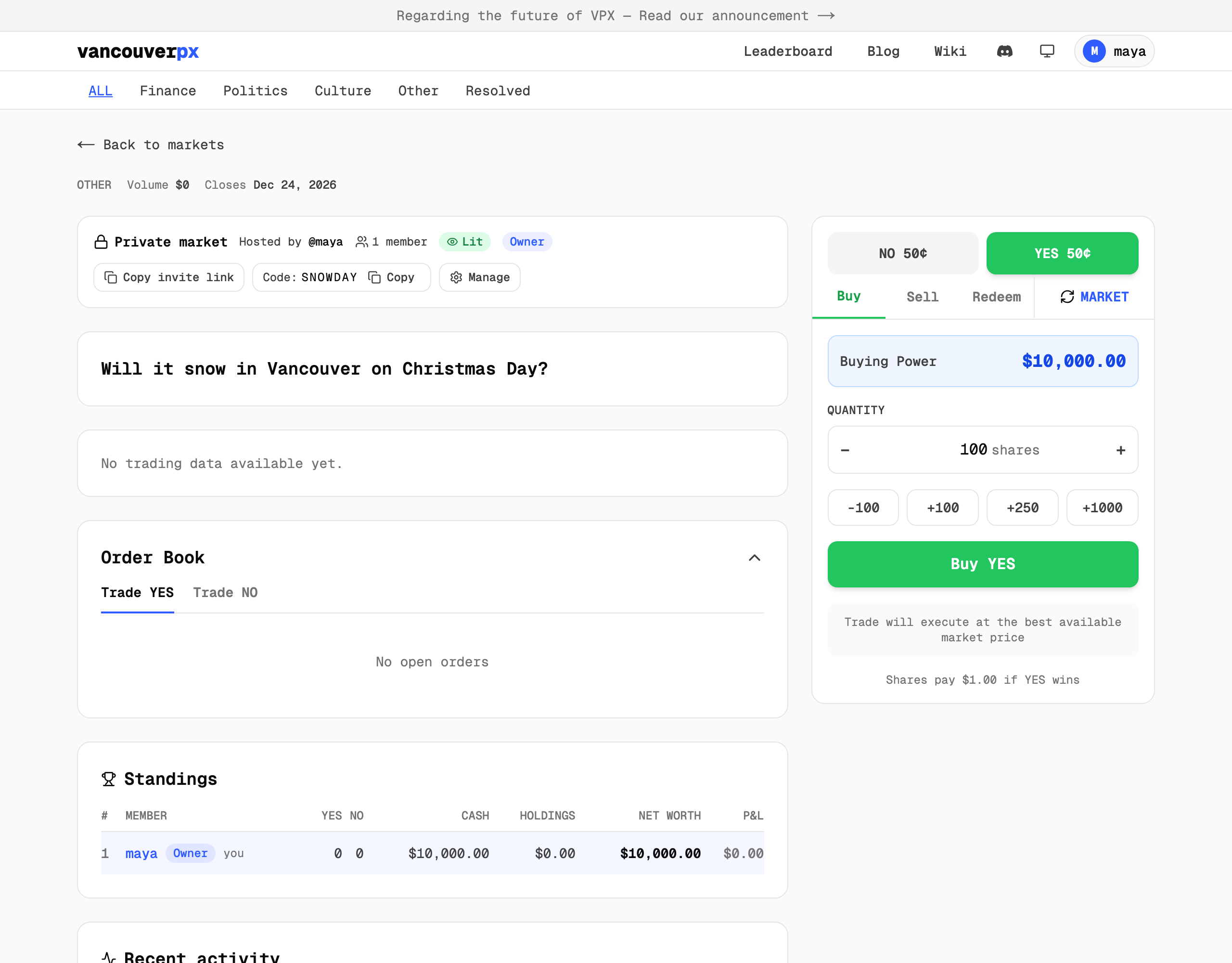 The new market page as the host sees it, with an empty order book and one member