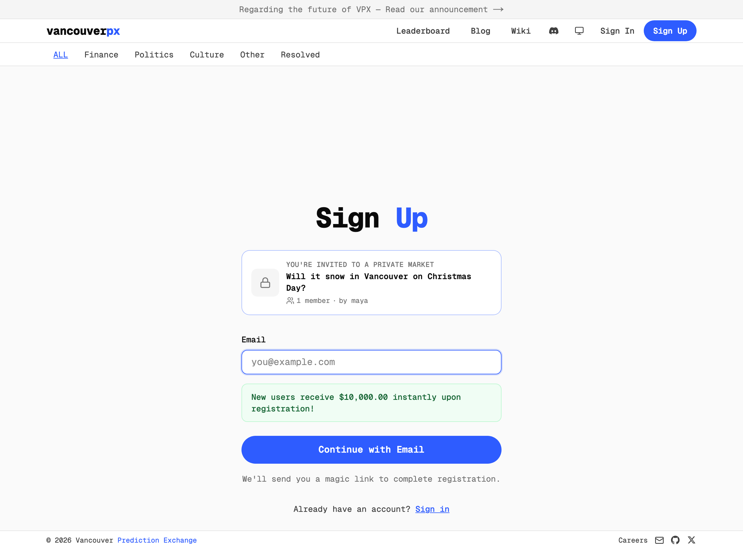 The sign up page a friend sees after opening the invite link, with the market shown at the top