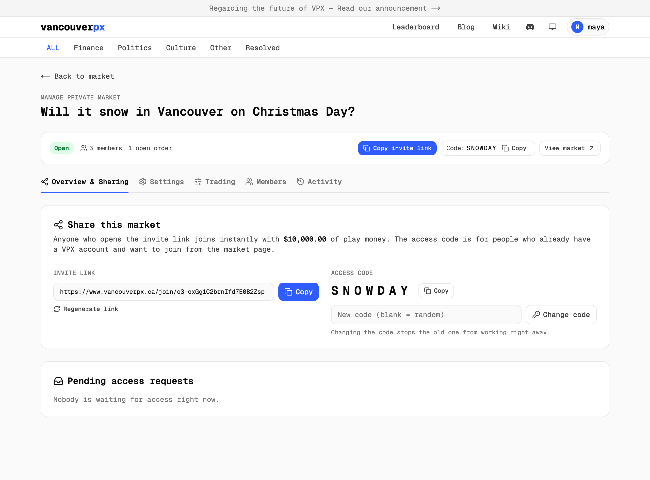 The manage page overview with the invite link, access code and pending access requests