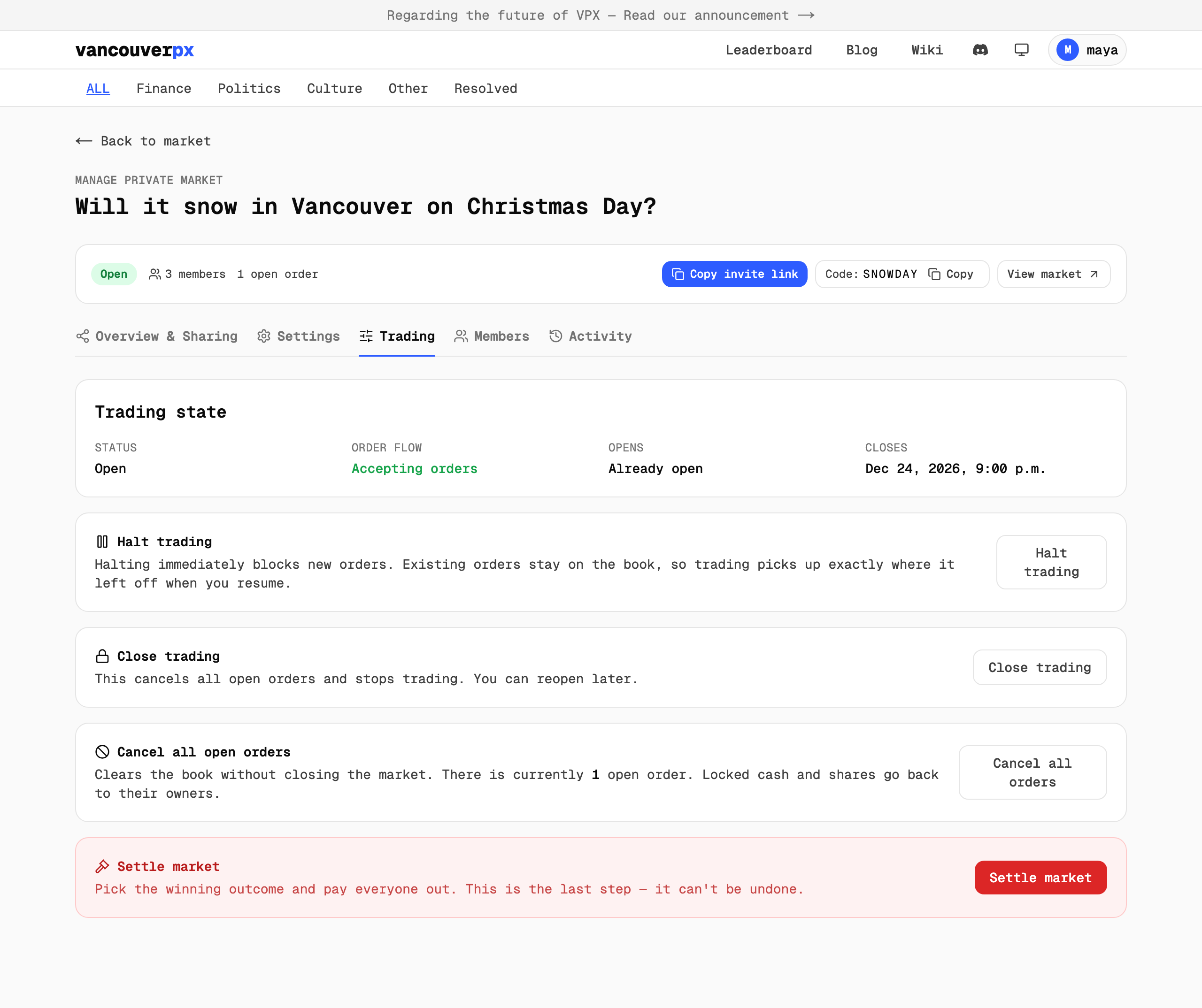 The manage page trading tab with halt, close, cancel and settle controls
